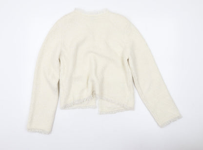 H&M Divided Women’s Ivory Cardigan Size 8 Open Knit Fringe Pockets