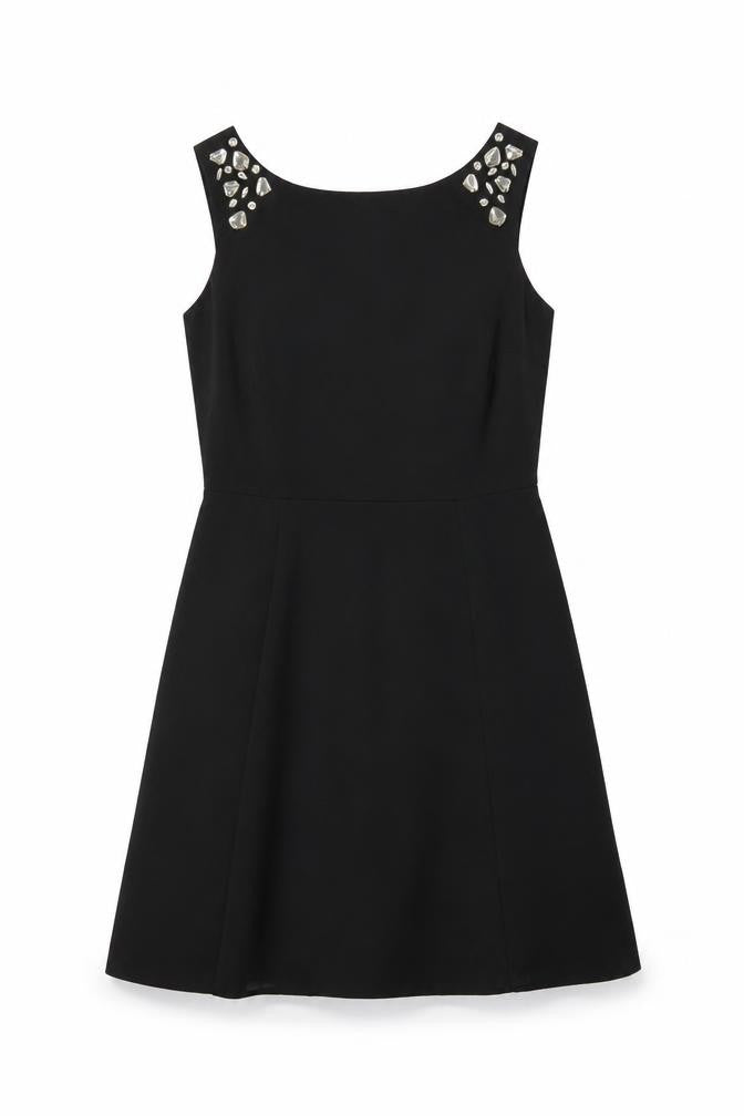 Front view of Papaya Women’s Black Beaded Sleeveless A-Line Party Dress, size UK 12