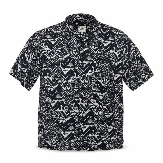 Front view of Pull&Bear Men’s Black Geometric Resort Shirt S Short Sleeve Viscose