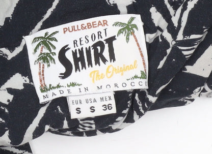 Pull & Bear Men’s Black Geometric Resort Shirt S Short Sleeve Viscose