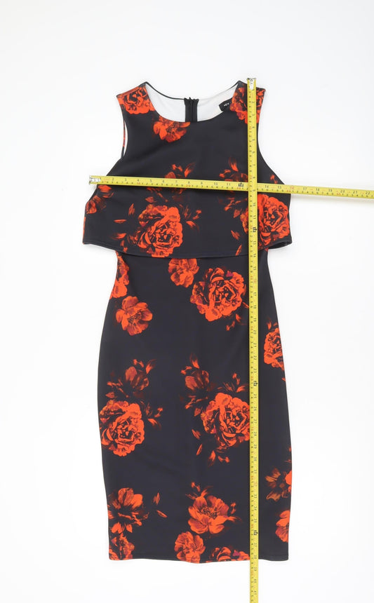 New Look Women's Black Red Floral Bodycon Dress Size 8 Sleeveless