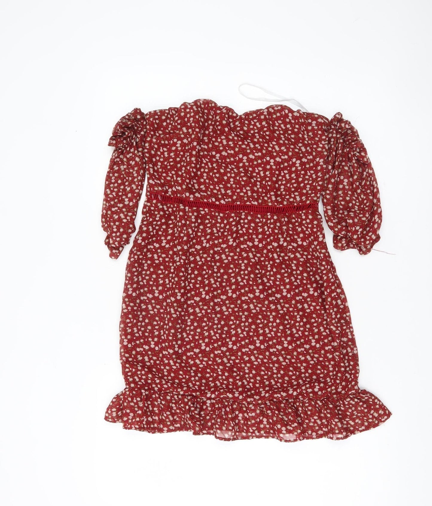 NAANAA Women's Red Floral Puff Sleeve Bodycon Dress UK 8