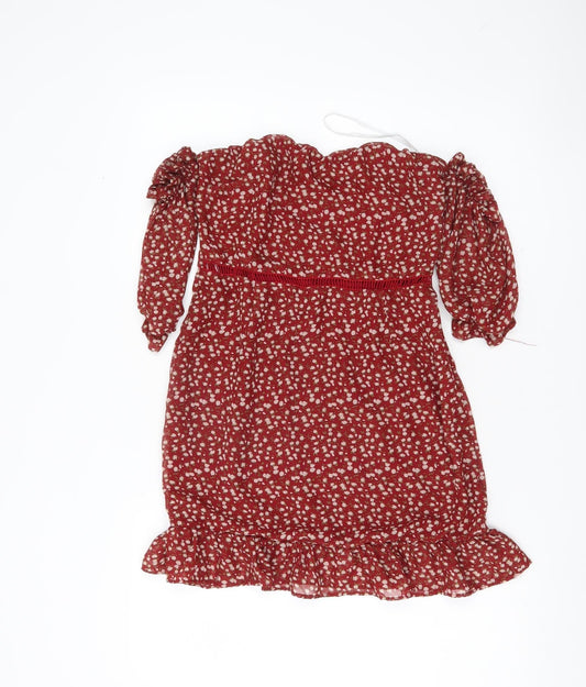 NAANAA Women's Red Floral Puff Sleeve Bodycon Dress UK 8