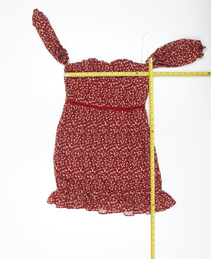 NAANAA Women's Red Floral Puff Sleeve Bodycon Dress UK 8