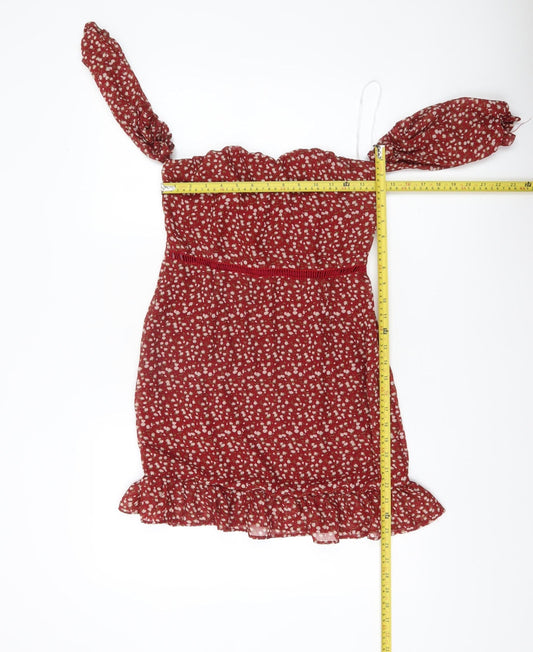 NAANAA Women's Red Floral Puff Sleeve Bodycon Dress UK 8