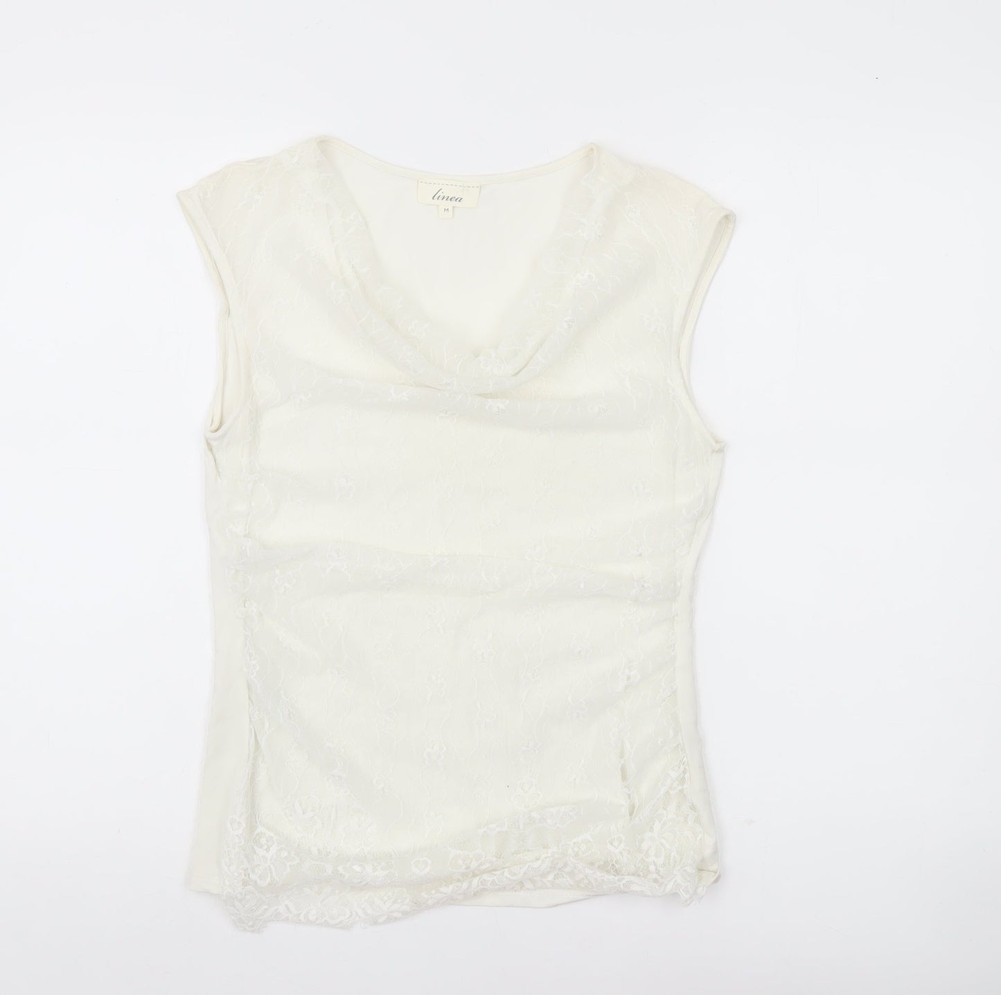 Linea Women’s Ivory Lace Cowl Neck Sleeveless Blouse M