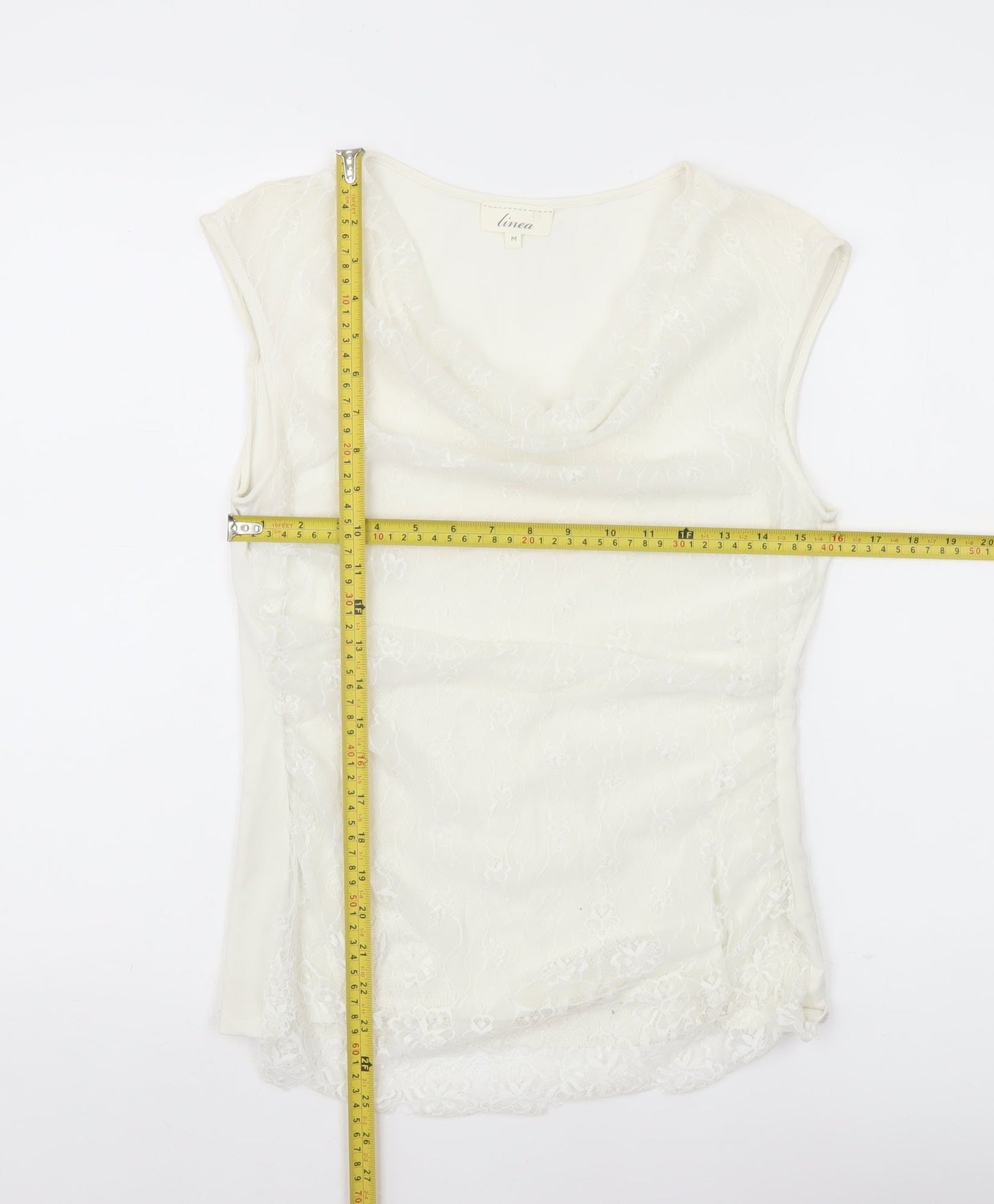 Linea Women’s Ivory Lace Cowl Neck Sleeveless Blouse M