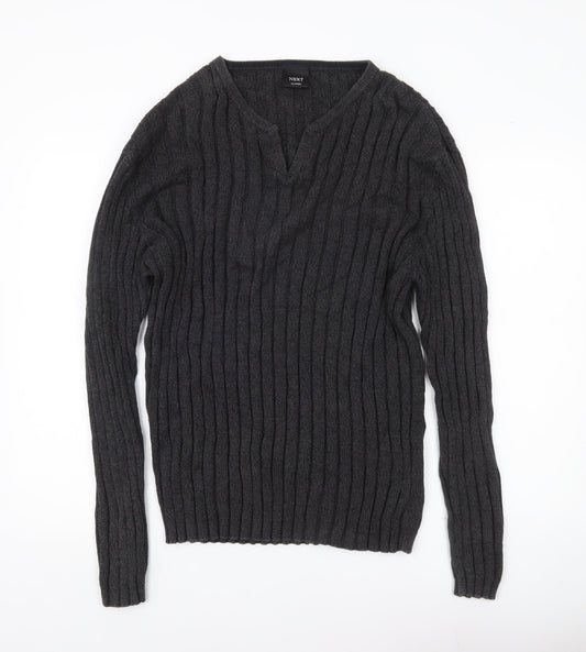 Next Mens Grey XL Cotton Cable Knit V-Neck Jumper