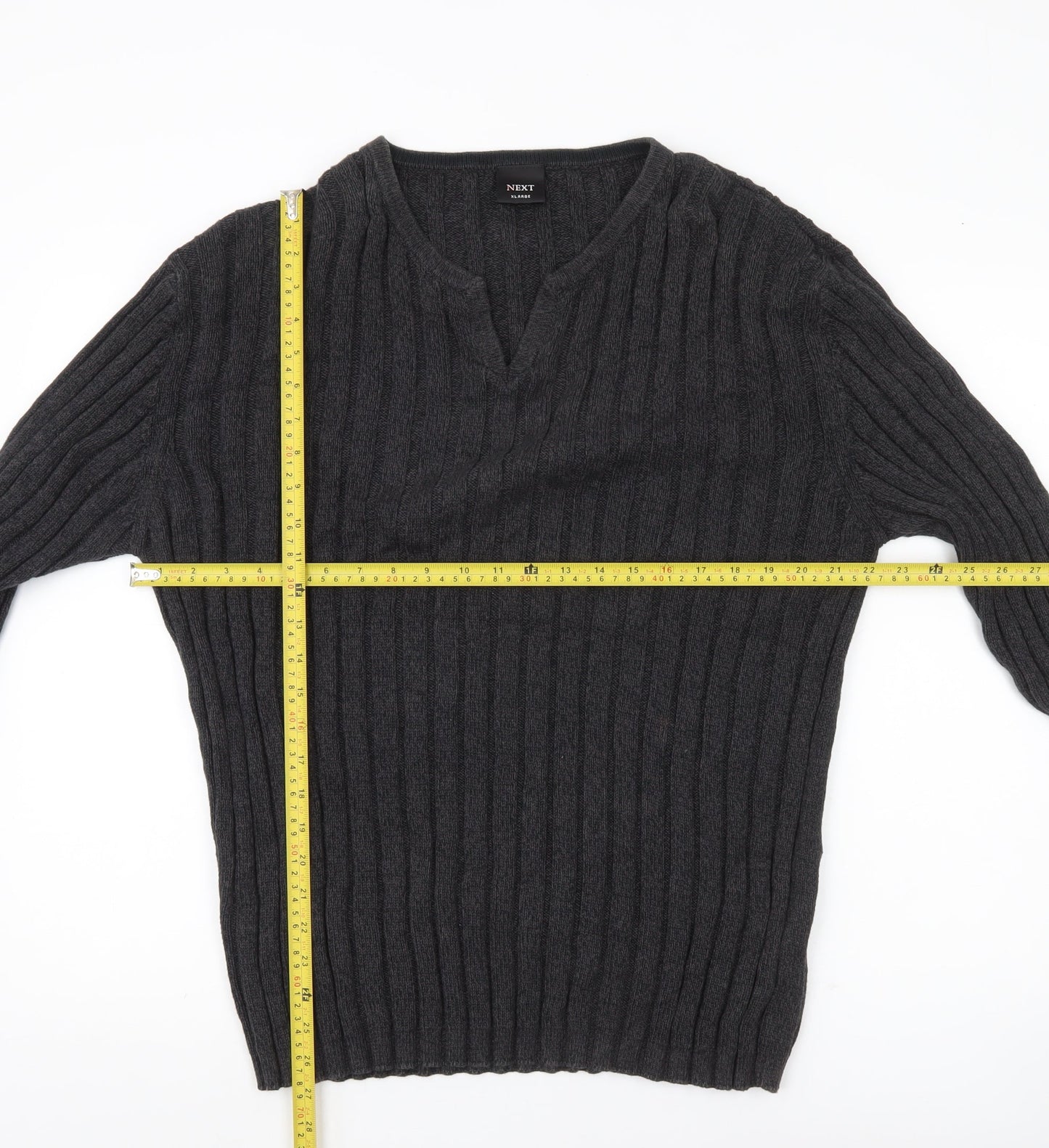 Next Mens Grey XL Cotton Cable Knit V-Neck Jumper