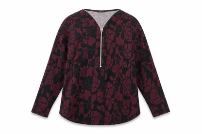 Front view of Roman women’s purple floral full zip jumper, size UK 10, v-neck long sleeve