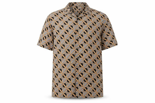 River Island Men's Brown Geometric Short Sleeve Button-Up Shirt S