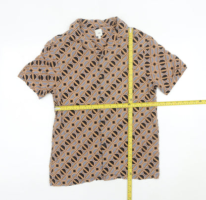 River Island Men's Brown Geometric Short Sleeve Button-Up Shirt S