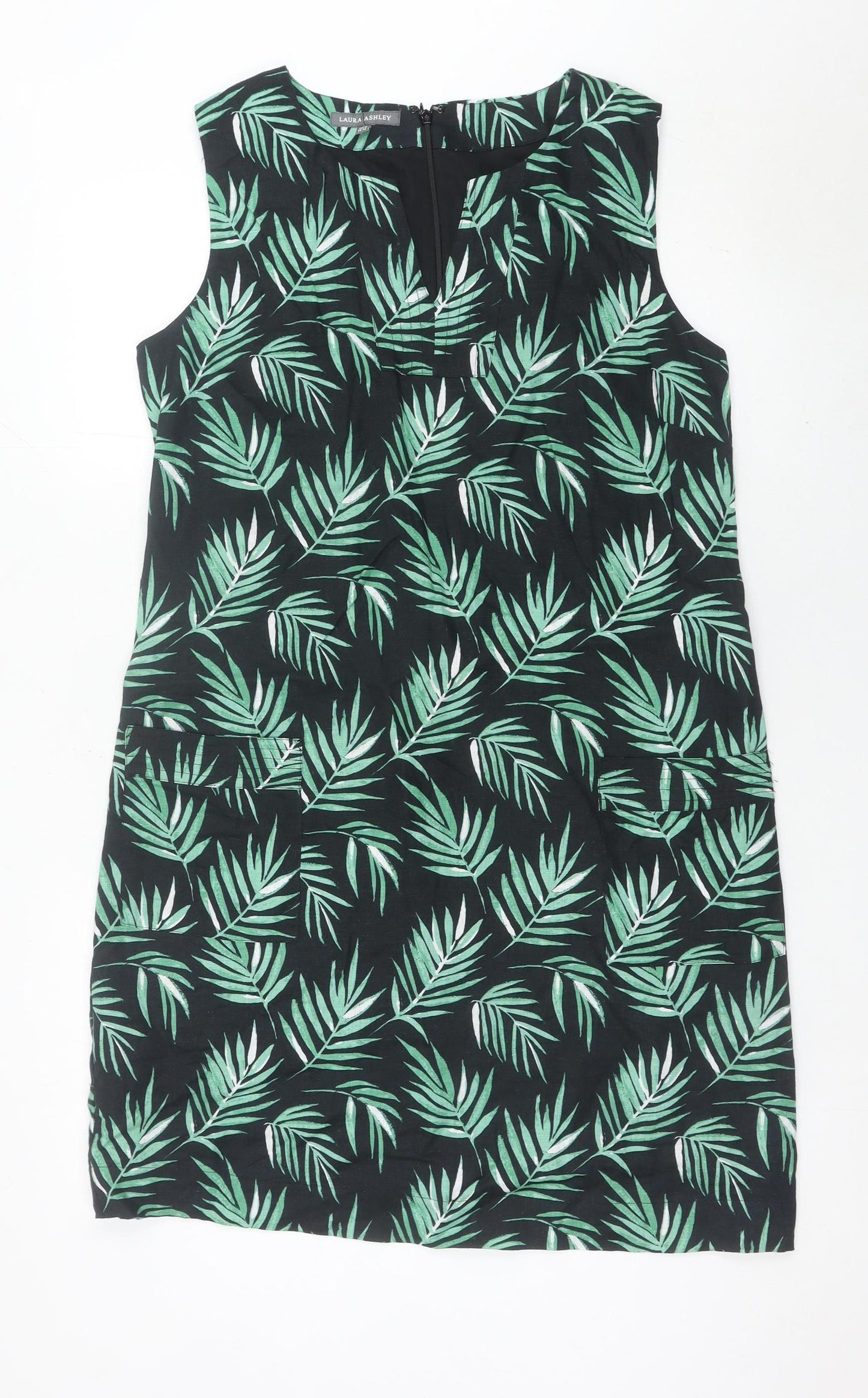 Laura Ashley Women’s Green Black Linen Shift Dress Size 14 Sleeveless Tropical