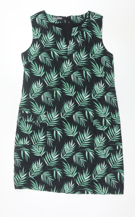 Laura Ashley Women’s Green Black Linen Shift Dress Size 14 Sleeveless Tropical