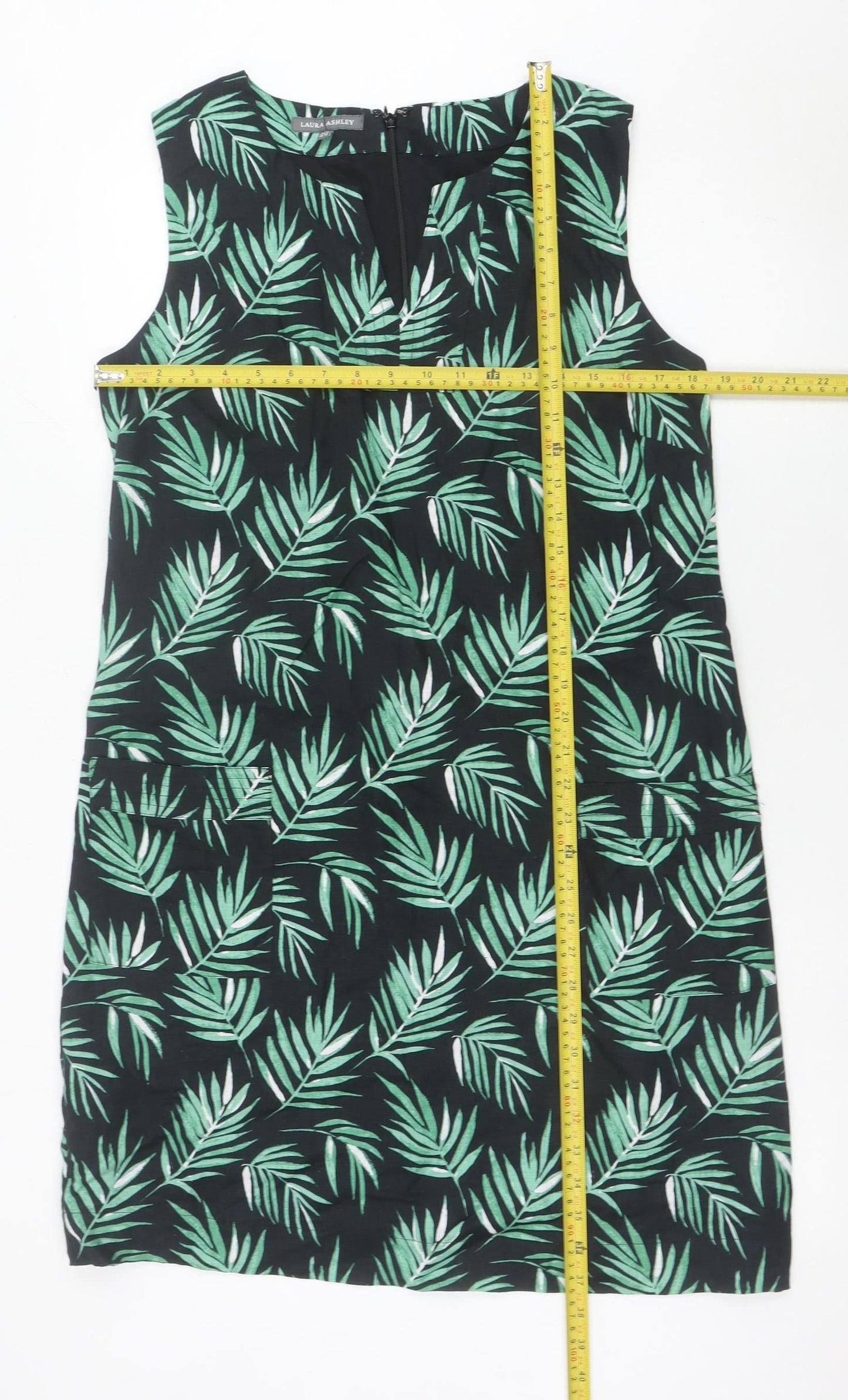 Laura Ashley Women’s Green Black Linen Shift Dress Size 14 Sleeveless Tropical