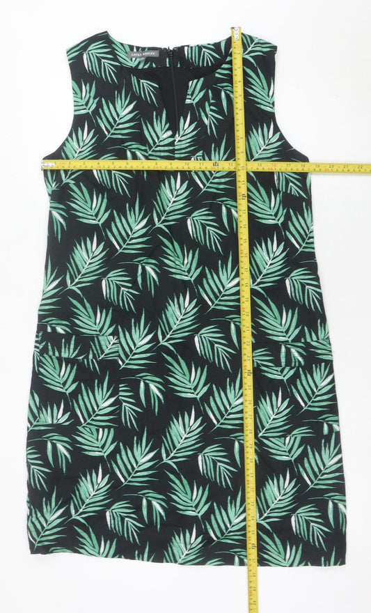 Laura Ashley Women’s Green Black Linen Shift Dress Size 14 Sleeveless Tropical