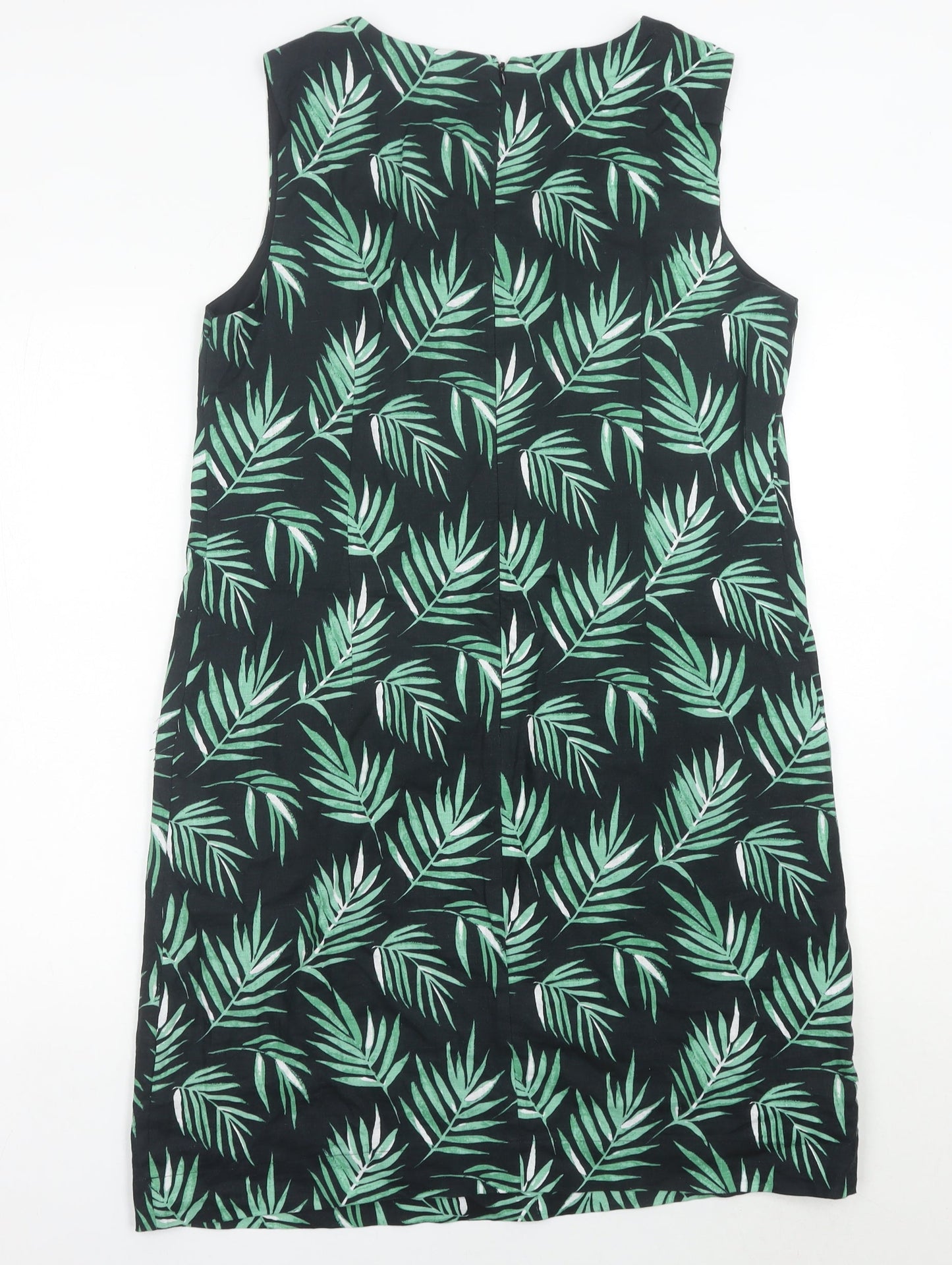 Laura Ashley Women’s Green Black Linen Shift Dress Size 14 Sleeveless Tropical