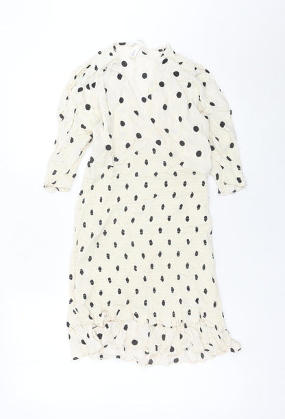 H&M Women Ivory Polka Dot Wrap Dress Size S Puff Sleeve Knee Length