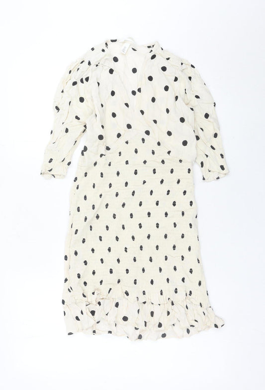H&M Women Ivory Polka Dot Wrap Dress Size S Puff Sleeve Knee Length