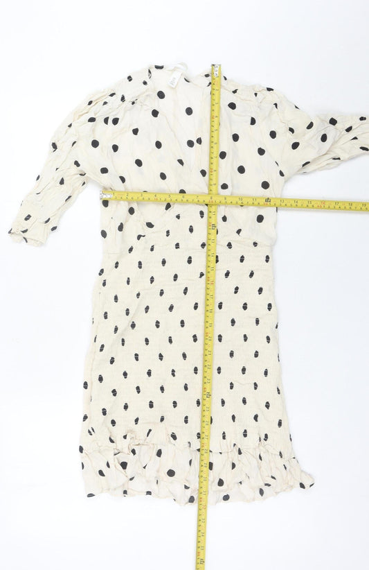 H&M Women Ivory Polka Dot Wrap Dress Size S Puff Sleeve Knee Length