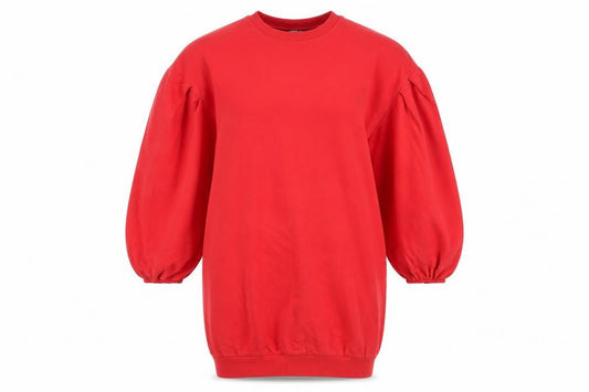 Front view of ASOS women’s red shift balloon sleeve dress, size UK 8, crew neck