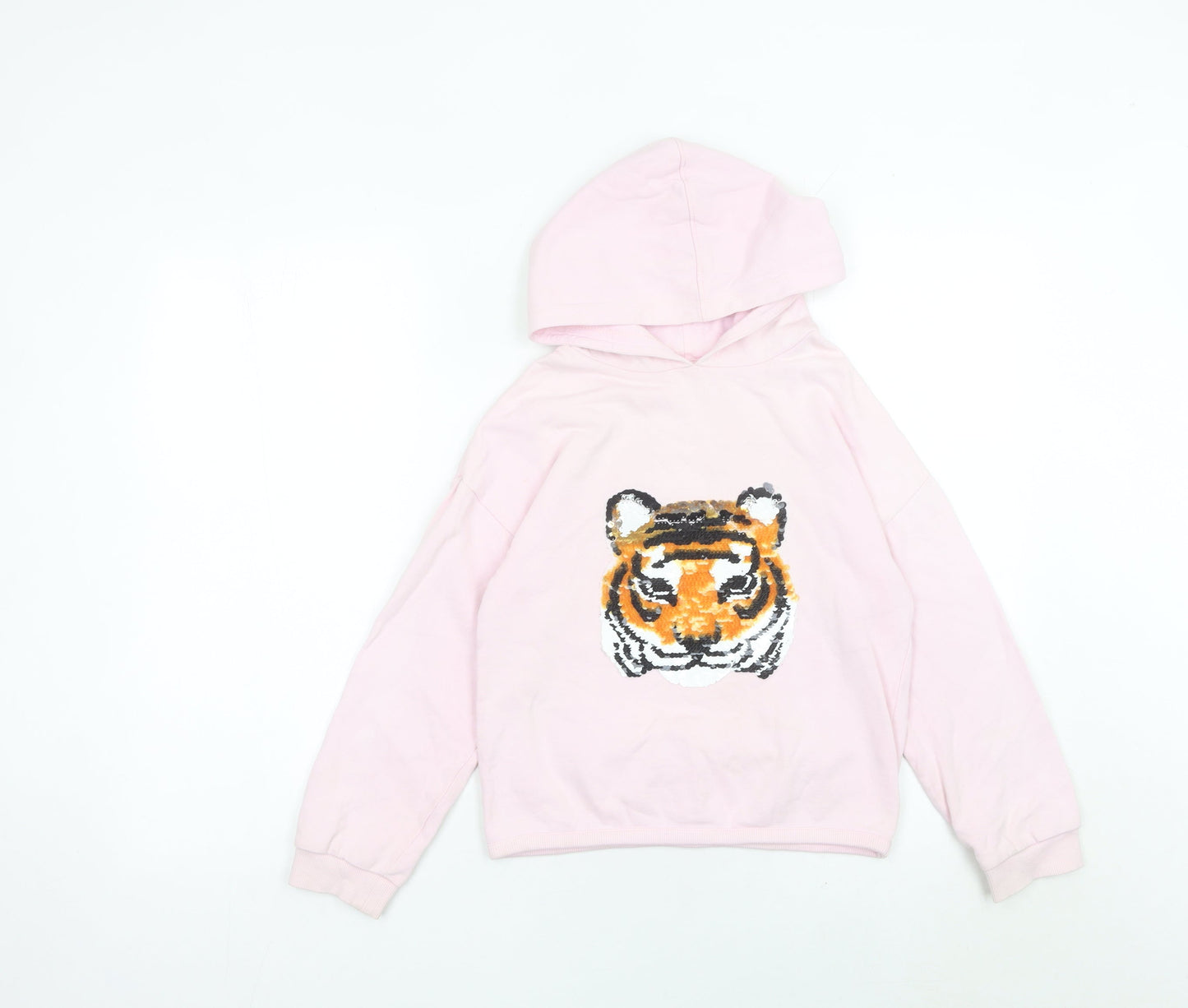 John Lewis Girls Pink Sequin Tiger Hoodie 10 Years Pullover Cotton