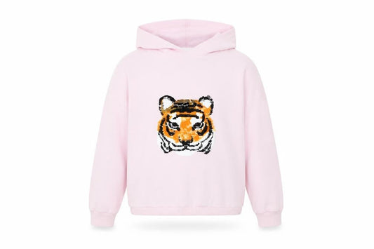 Front view of John Lewis girls’ pink sequin tiger hoodie 10 years pullover cotton