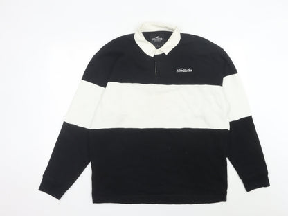 Hollister Men’s Black White Long Sleeve Polo Shirt L Colourblock