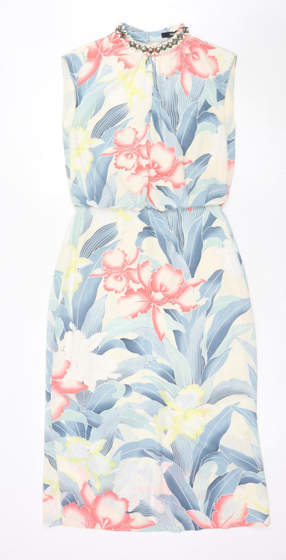 Oasis Womens Multicoloured Floral Sheath Dress UK 8 Beaded Neckline