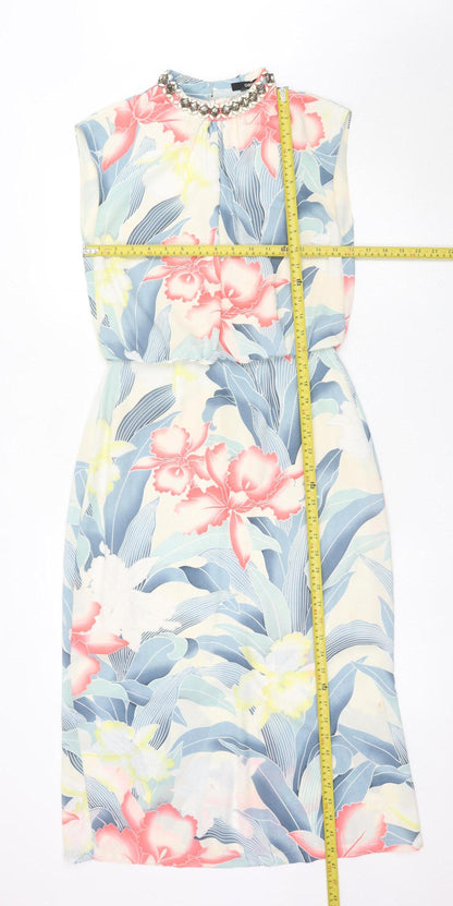 Oasis Womens Multicoloured Floral Sheath Dress UK 8 Beaded Neckline