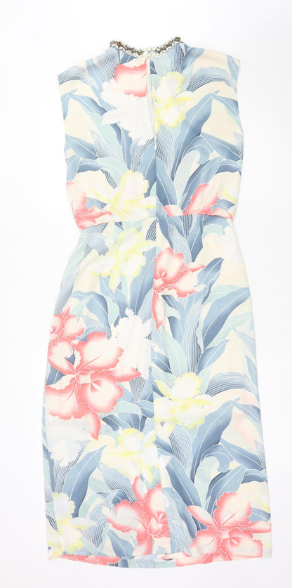 Oasis Womens Multicoloured Floral Sheath Dress UK 8 Beaded Neckline