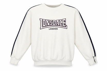Front view of Lonsdale boys’ white sweatshirt 11-12 years crew neck pullover logo