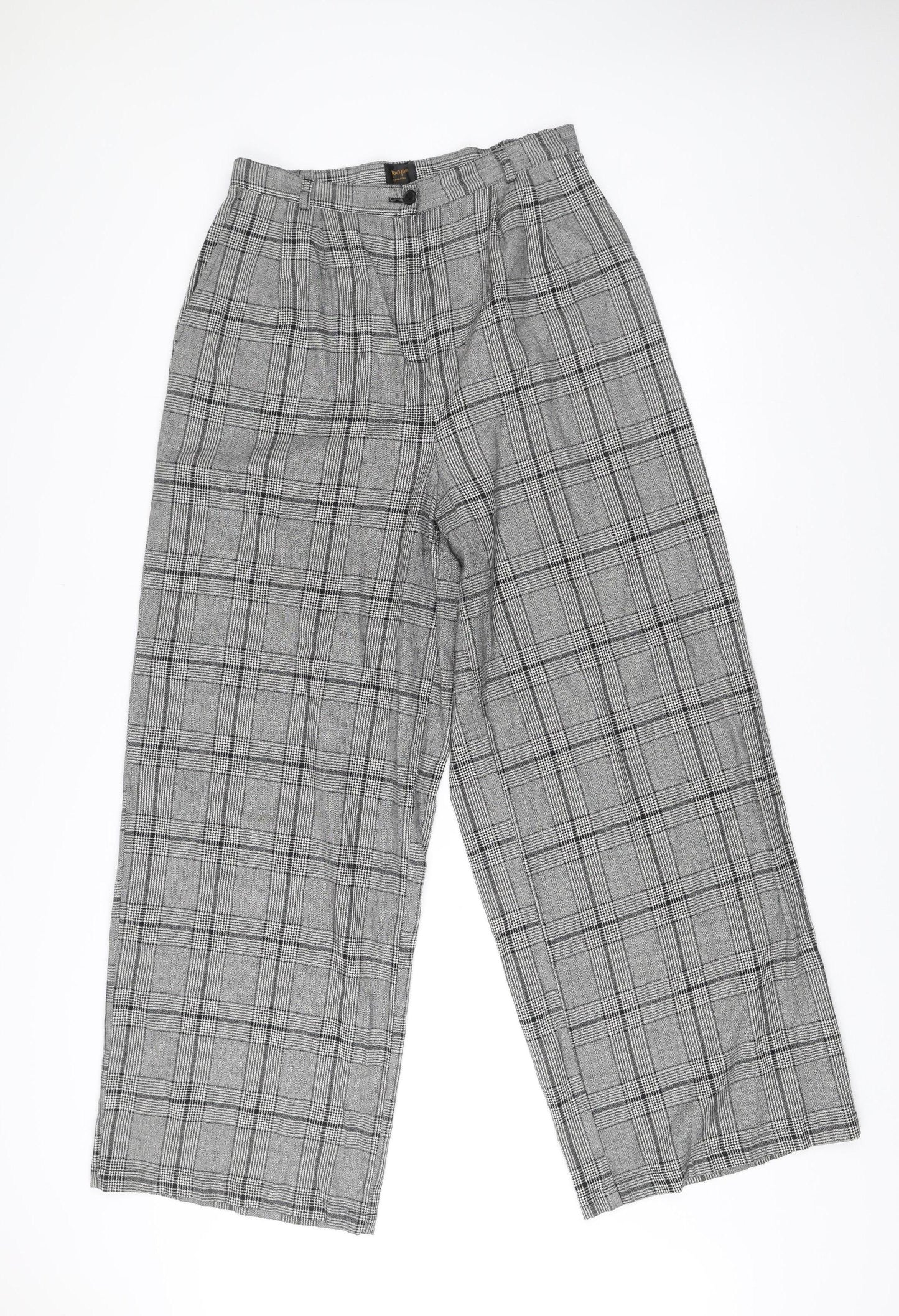 Pop England Womens Grey Check Wide-Leg Pleated Trousers Size 4