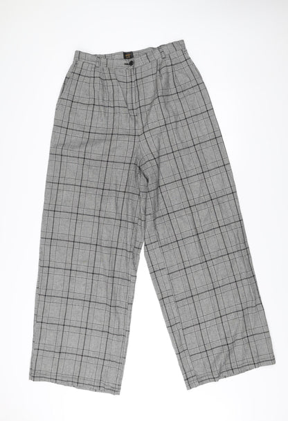Pop England Womens Grey Check Wide-Leg Pleated Trousers Size 4