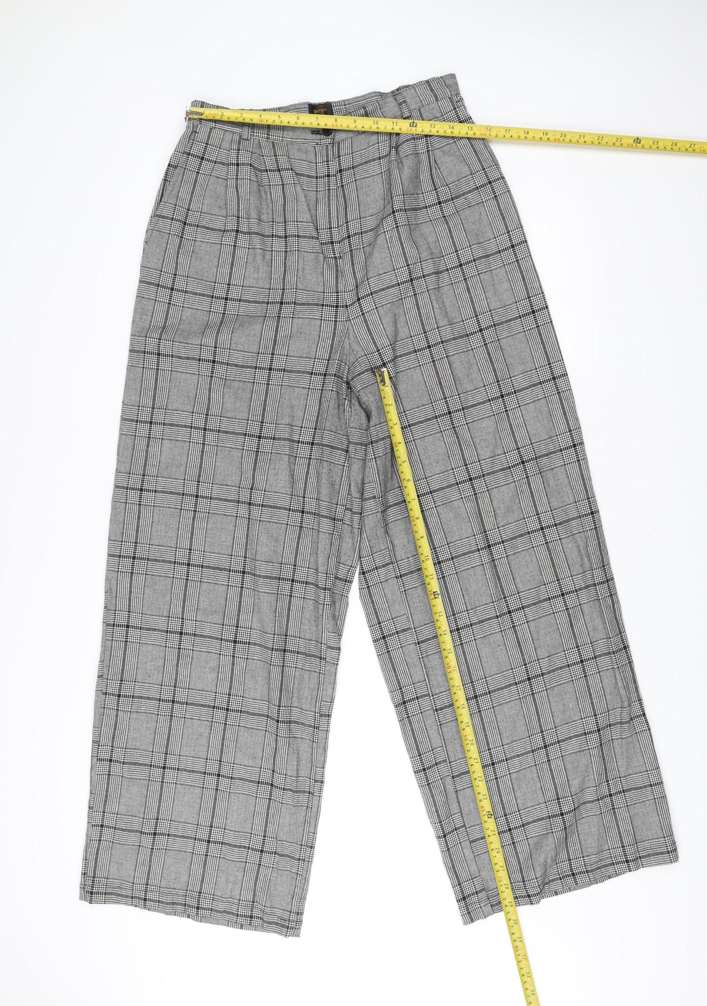 Pop England Womens Grey Check Wide-Leg Pleated Trousers Size 4