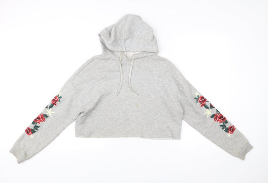 H&M Women’s Grey Pullover Hoodie S Embroidered Floral Casual