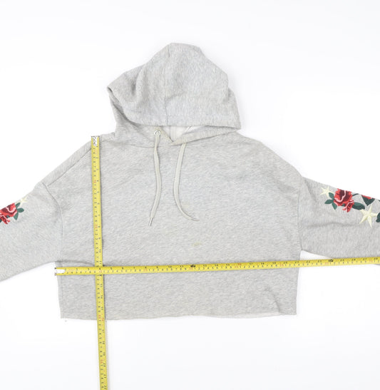 H&M Women’s Grey Pullover Hoodie S Embroidered Floral Casual