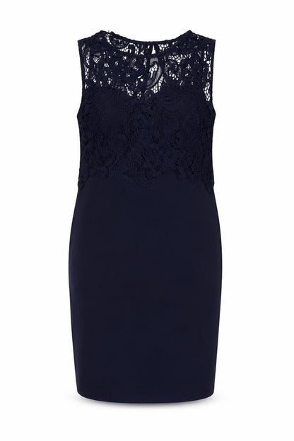 Front view of Club L Women’s Blue Lace Sheath Dress, size UK 12, Sleeveless Knee Length