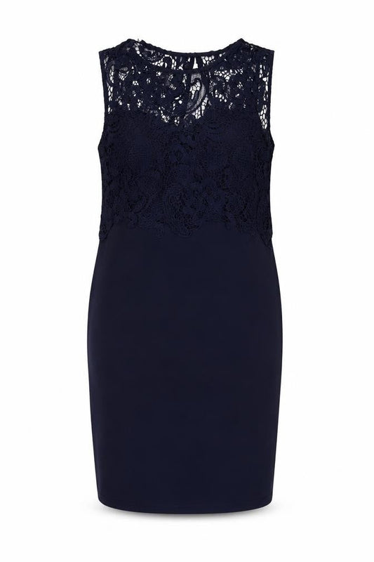 Front view of Club L Women’s Blue Lace Sheath Dress, size UK 12, Sleeveless Knee Length