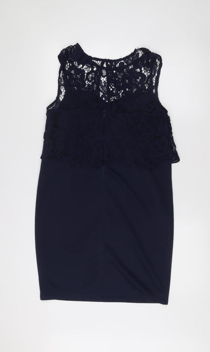 Club L Women’s Blue Lace Sheath Dress Size 12 Sleeveless Knee Length