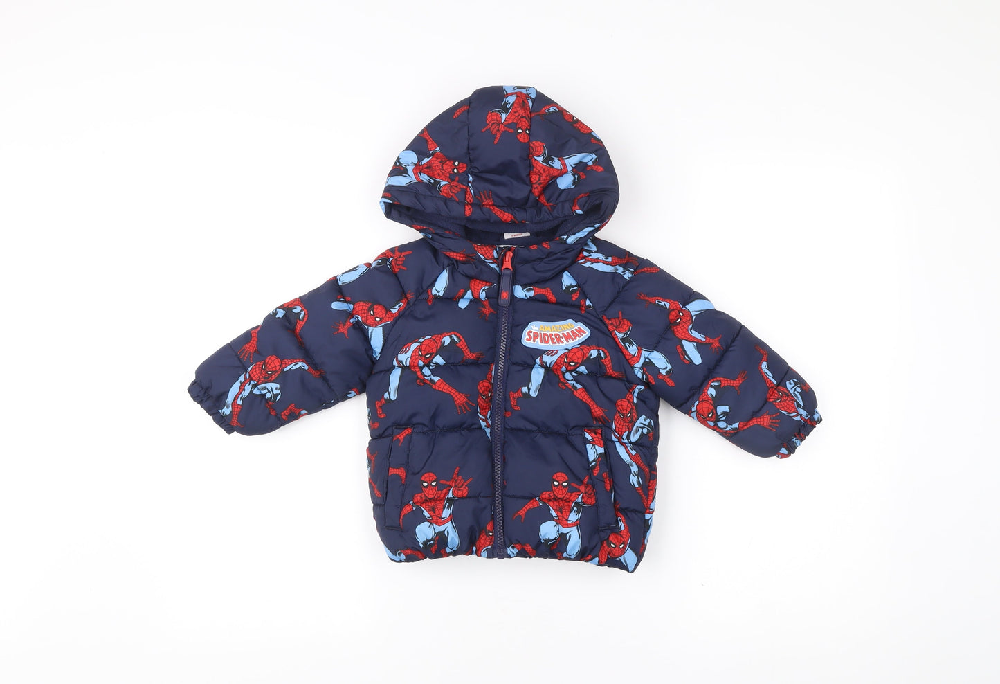 Marvel Spider-Man Boys Blue Puffer Jacket Coat 12-18M Hooded Winter