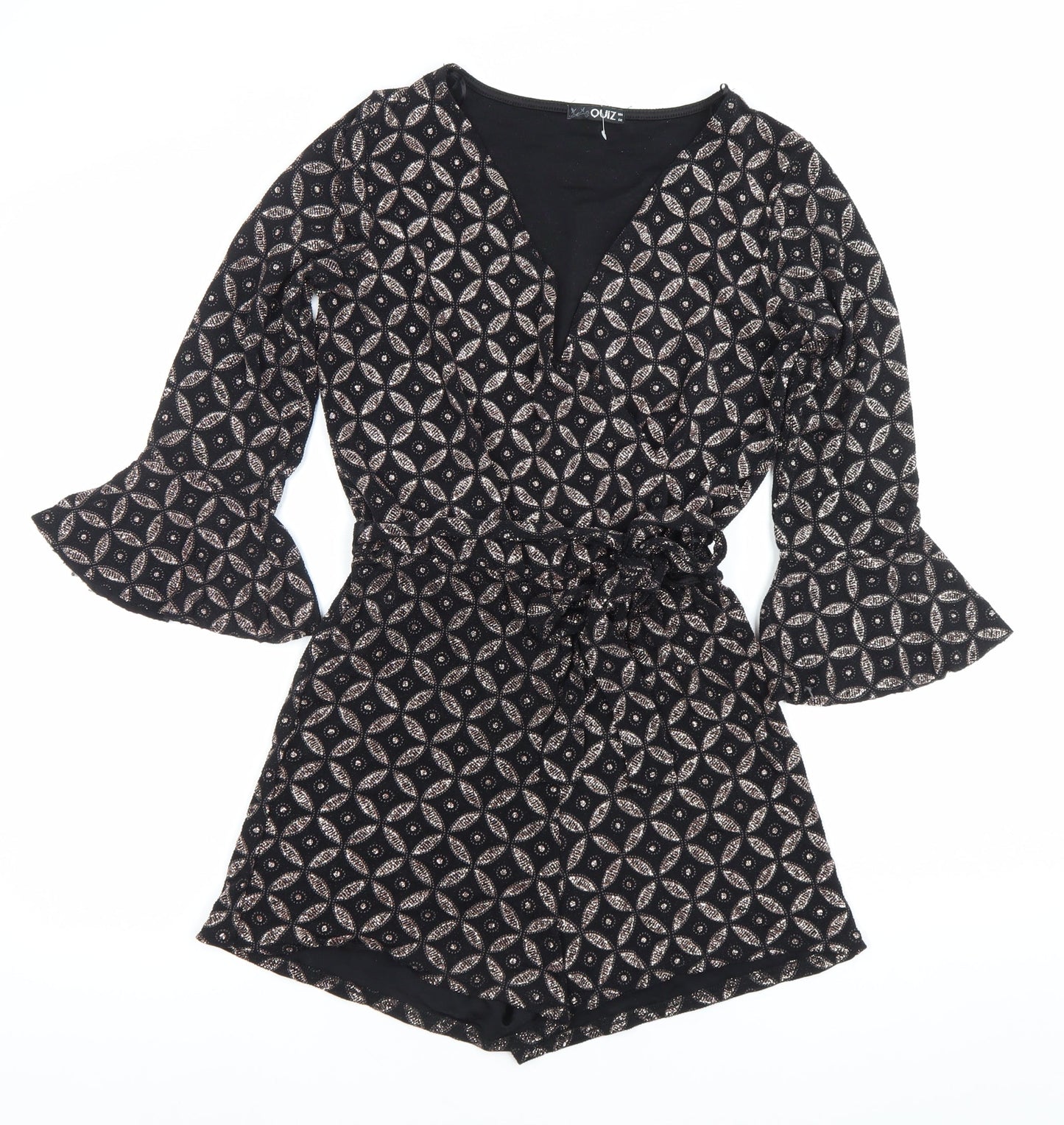 Quiz Women’s Black Metallic Geometric Playsuit Size 14 V-Neck 3/4 Sleeve