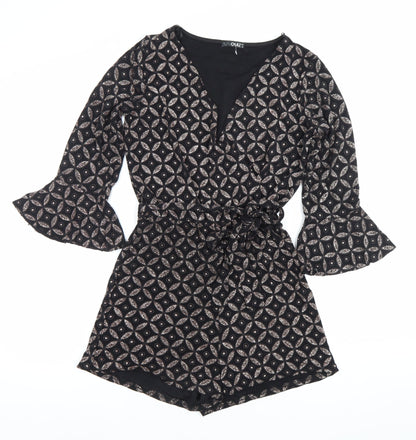 Quiz Women’s Black Metallic Geometric Playsuit Size 14 V-Neck 3/4 Sleeve