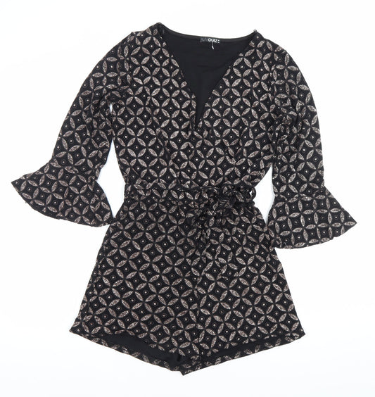 Quiz Women’s Black Metallic Geometric Playsuit Size 14 V-Neck 3/4 Sleeve
