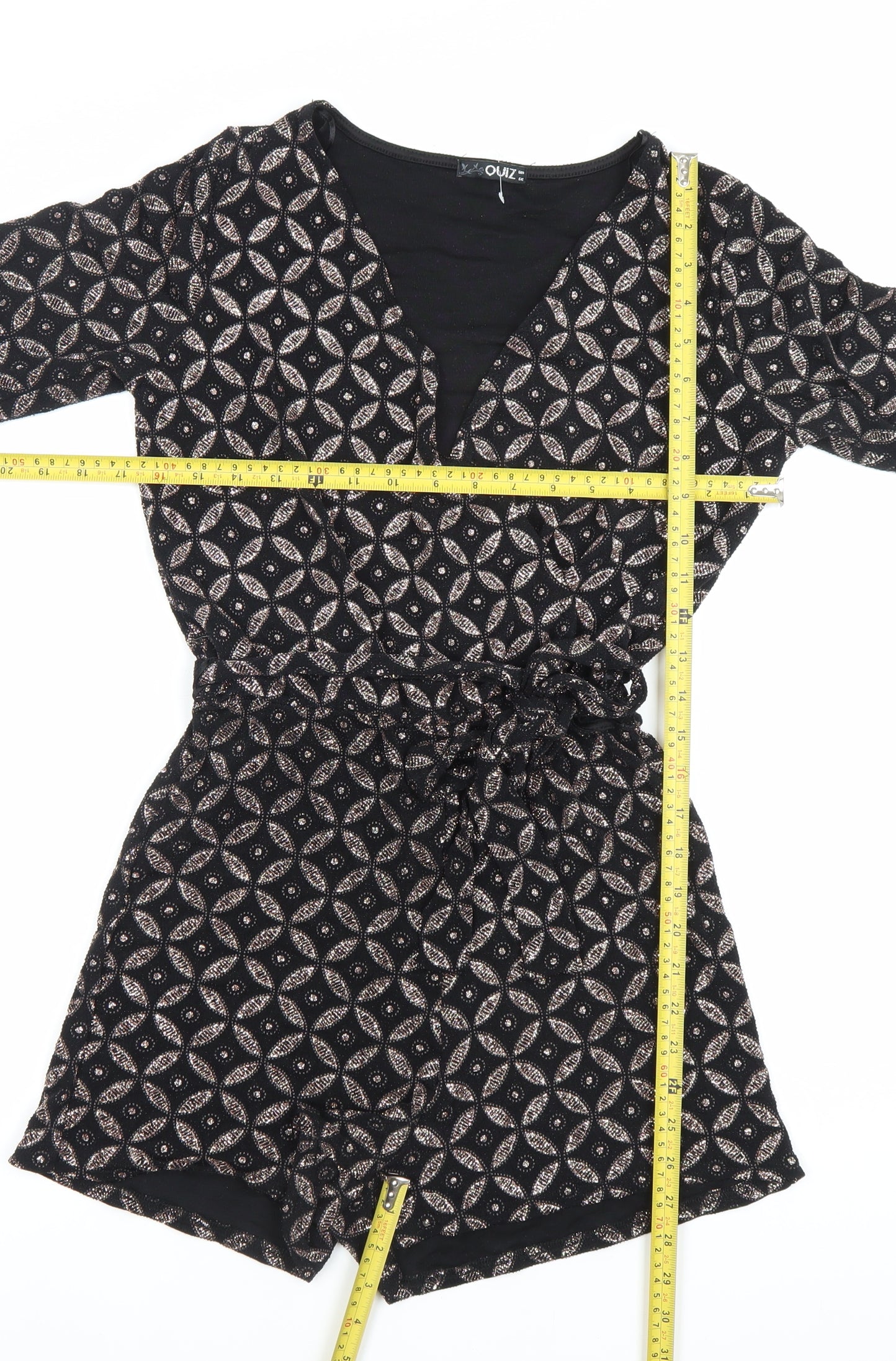 Quiz Women’s Black Metallic Geometric Playsuit Size 14 V-Neck 3/4 Sleeve