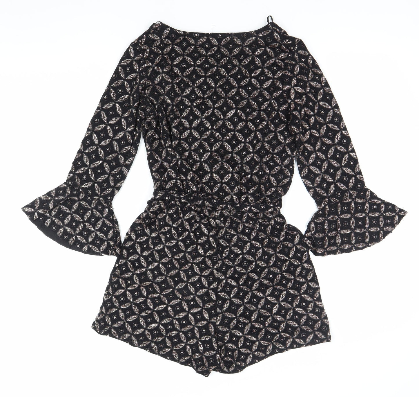 Quiz Women’s Black Metallic Geometric Playsuit Size 14 V-Neck 3/4 Sleeve