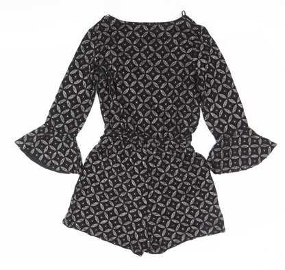 Quiz Women’s Black Metallic Geometric Playsuit Size 14 V-Neck 3/4 Sleeve