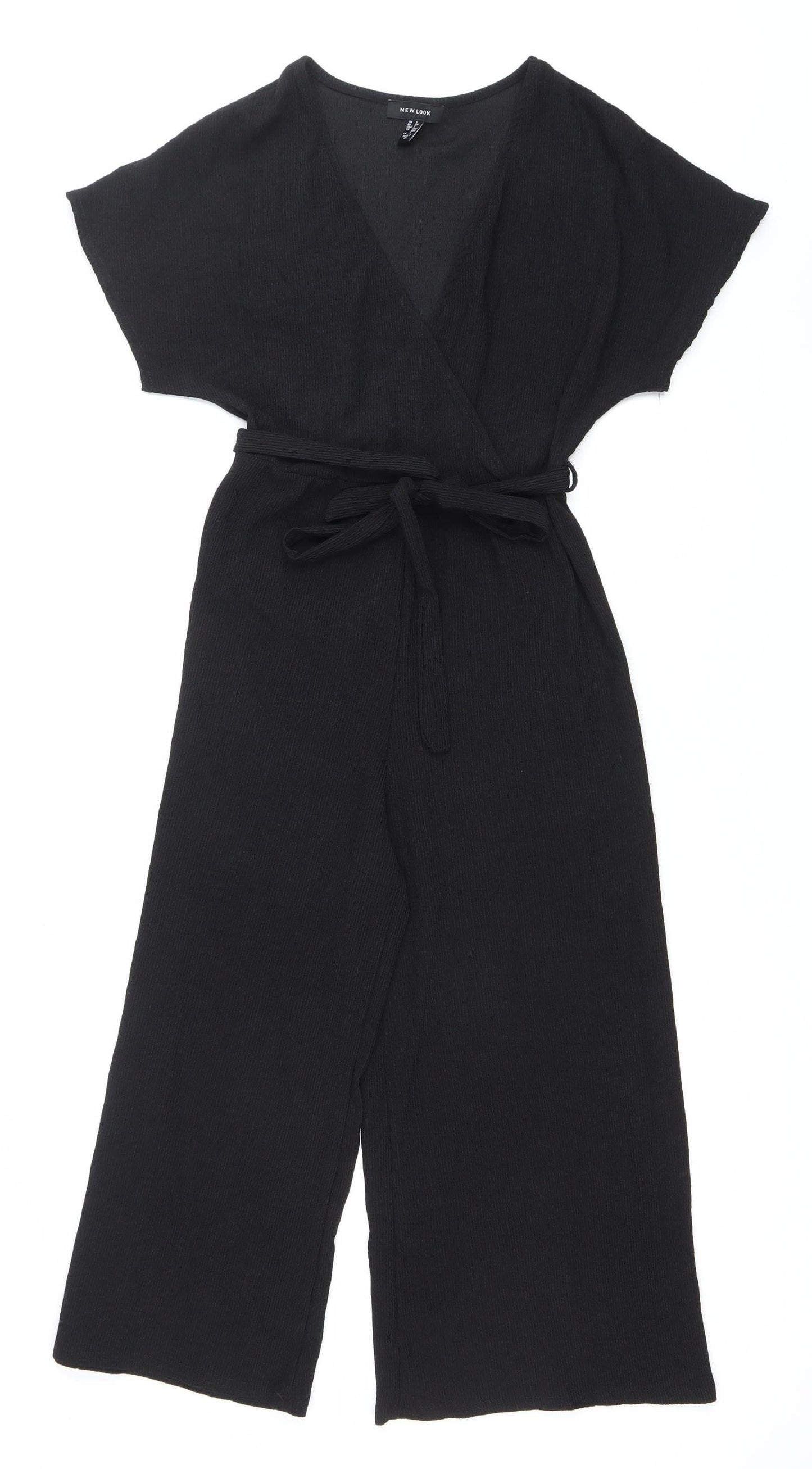 New Look Women Black Jumpsuit Size 6 Wide-Leg V-Neck Belted