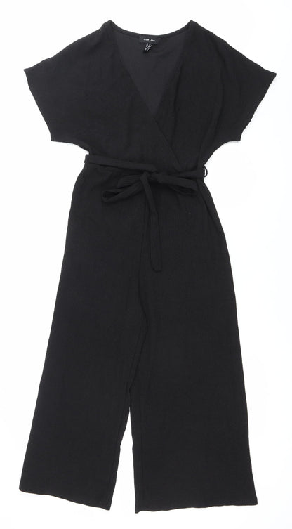 New Look Women Black Jumpsuit Size 6 Wide-Leg V-Neck Belted