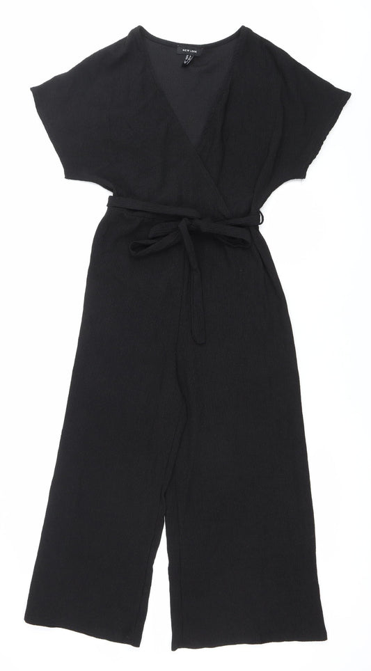 New Look Women Black Jumpsuit Size 6 Wide-Leg V-Neck Belted